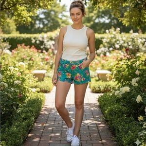 Wallflower Womens Floral Shorts Size 7 Juniors Green Pink Yellow Roses pocket
